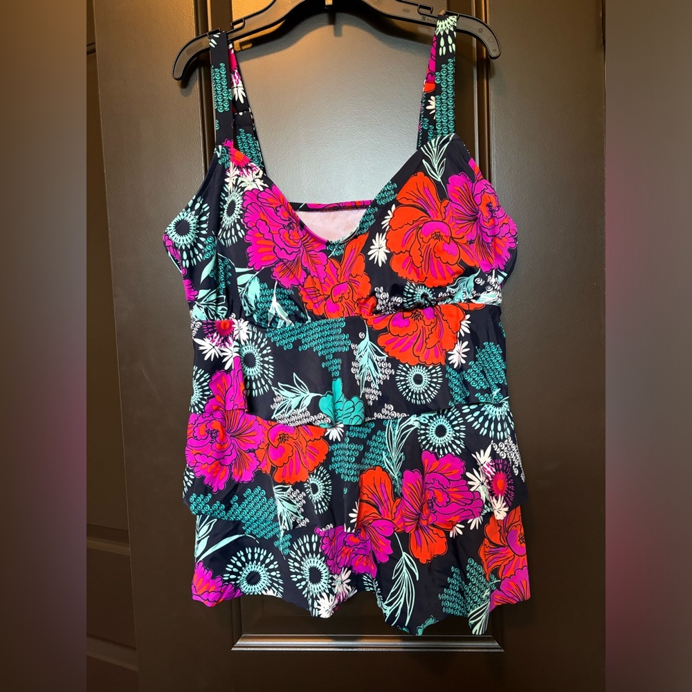 Tankini top with flowy layers, built in soft bra cups, adjustable straps